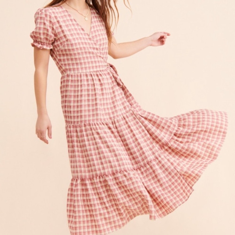 Victoria Plaid Wrap Dress Nuuly Says Gah! - Pink and Cream Textured Gingham - S